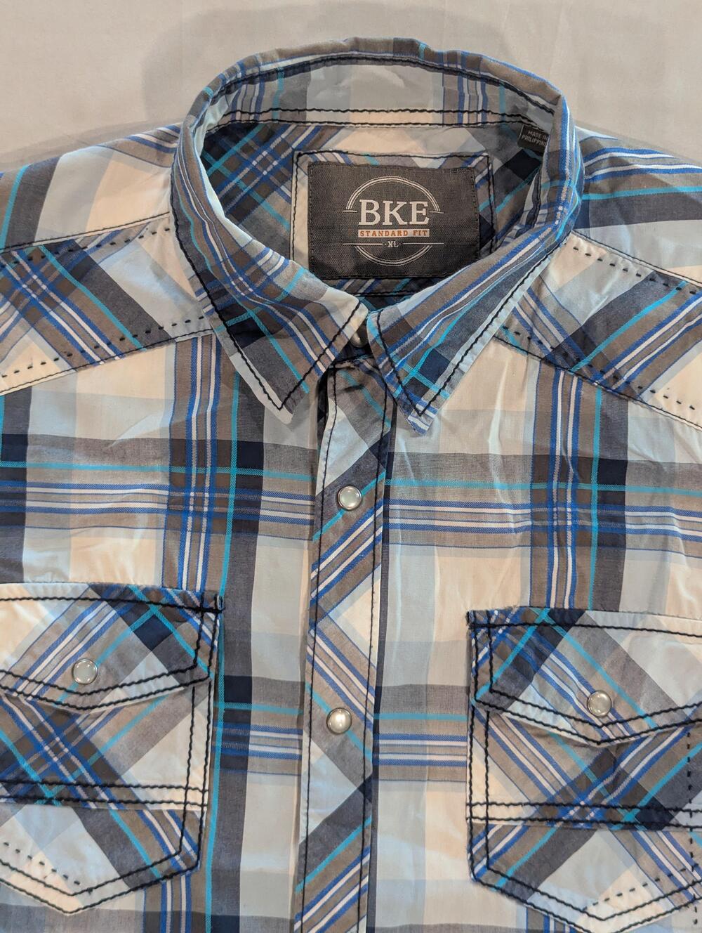BKE Shirt Mens Lg Blue Plaid Long Sleeve Western Pearl Snap Pockets Casual